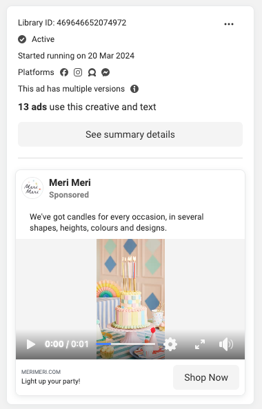 Meri Meri Facebook candle ad using colorful seasonal styling