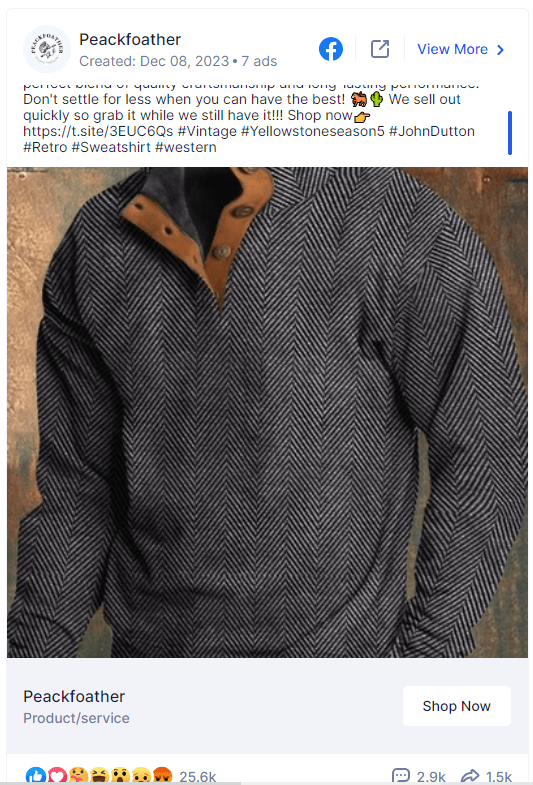 Peackfeather Facebook ad showing an art-led shirt composition on a wood background