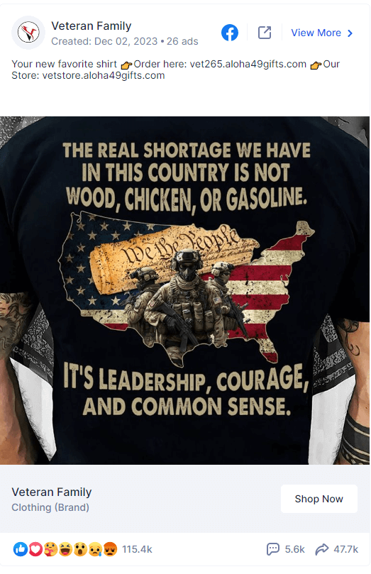 Veteran Family Facebook ad with a patriotic shirt, flag, and soldier artwork