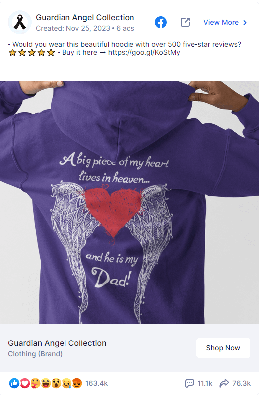 Guardian Angel Collection Facebook ad showing a memorial shirt with heart and wing artwork