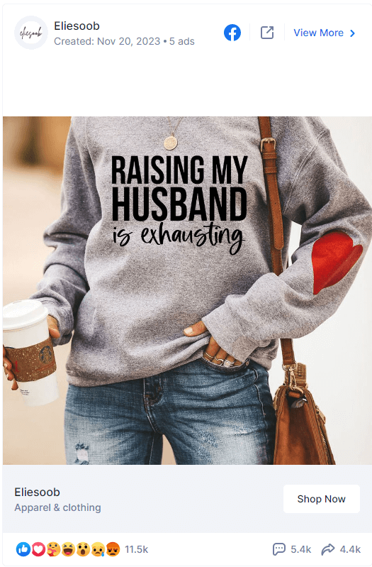 ElieSob Facebook ad with a joke about marriage on a shirt