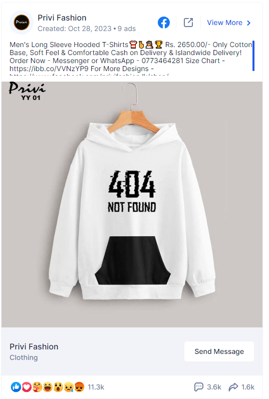 Privi Fashion Facebook ad showing a hoodie printed with an internet error message