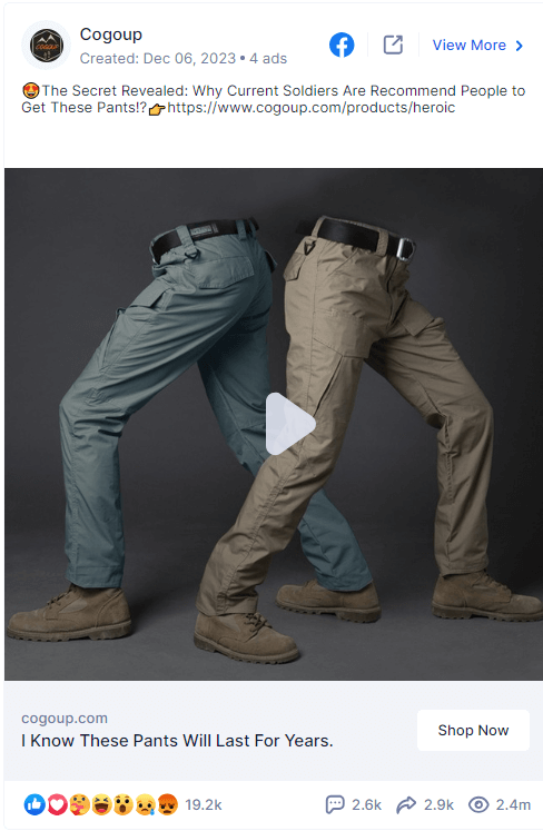 Cogoup Facebook ad showing cargo pants in a short feature-demonstration video