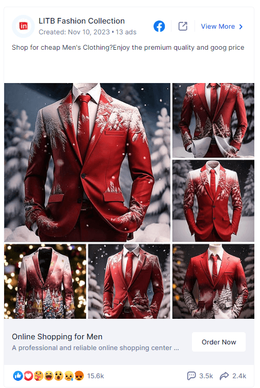 LITB Fashion Collection Facebook ad showing a patterned red suit in a snowy seasonal scene