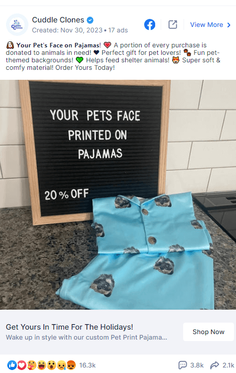 Cuddle Clones Facebook ad with pajamas printed with a customer's pet