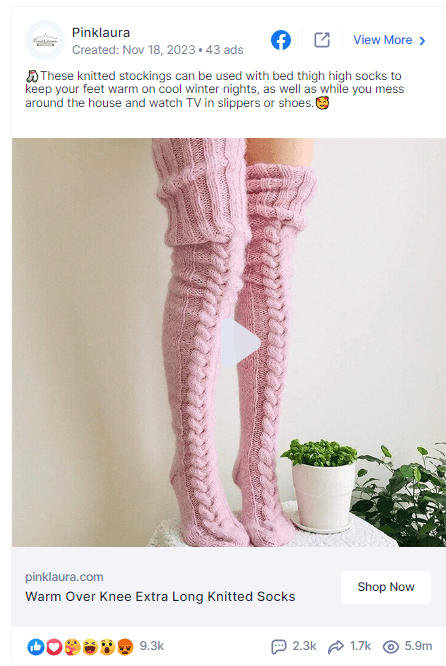 Pink Laura Facebook ad showing warm stockings worn and demonstrated by a model