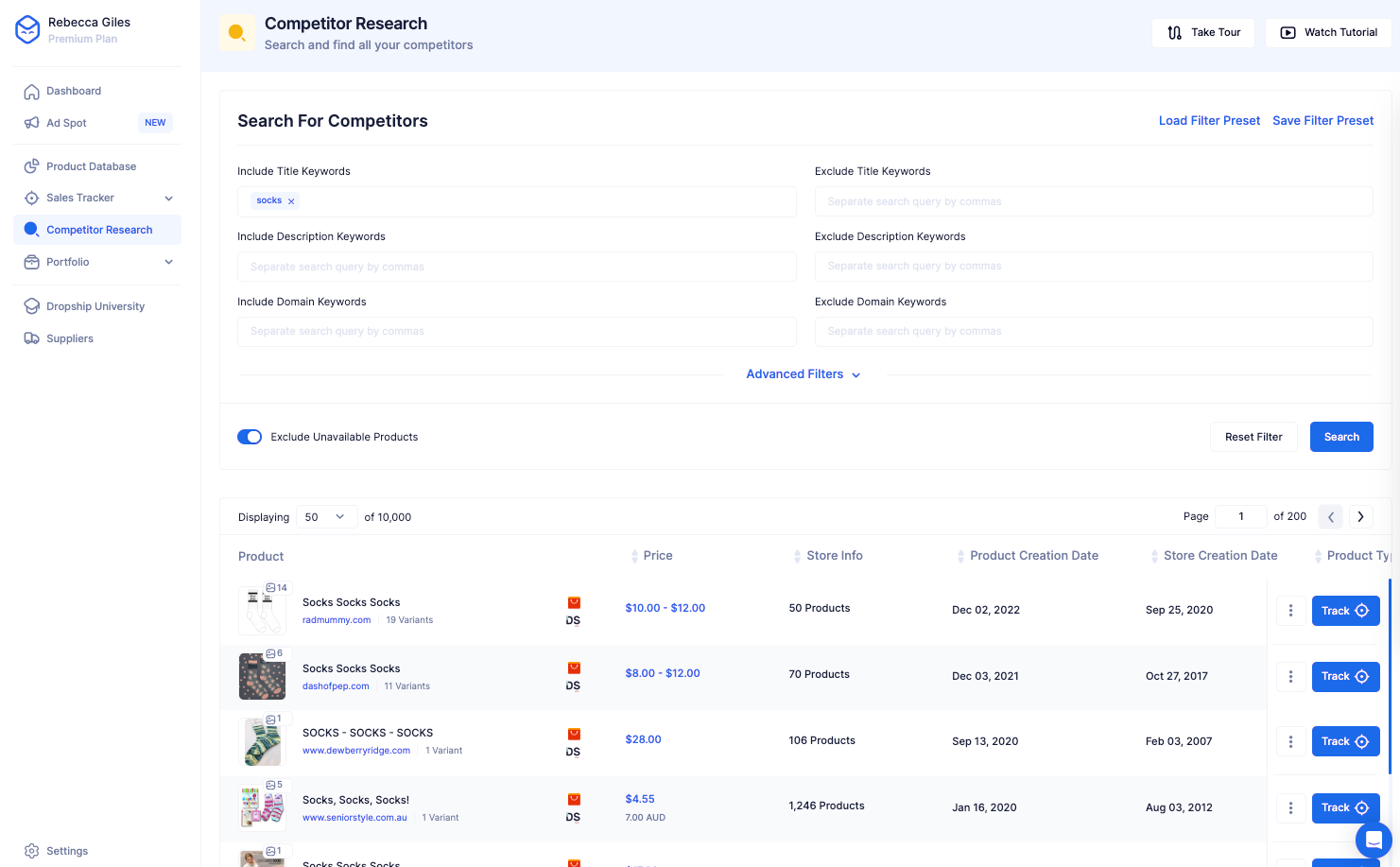 Dropship Competitor Research showing store ad activity