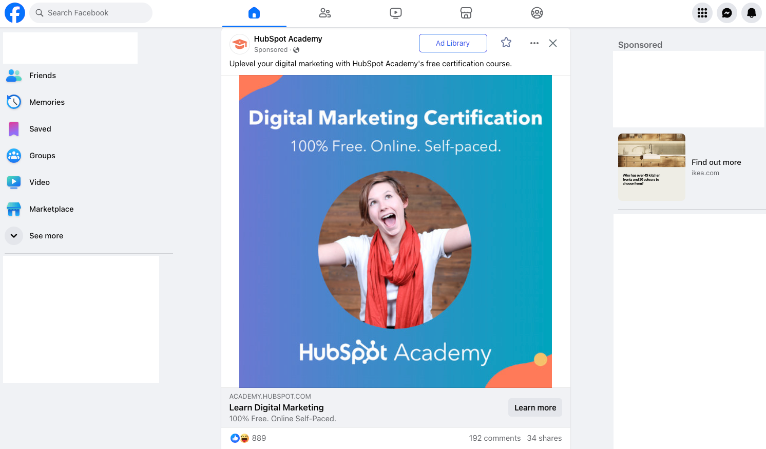 Sponsored ads shown in a Facebook feed and right column