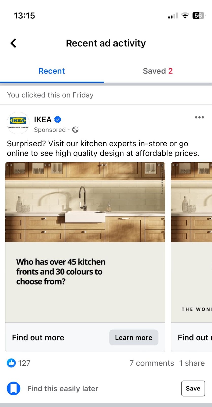 Recent Ad Activity selected in the Facebook mobile app