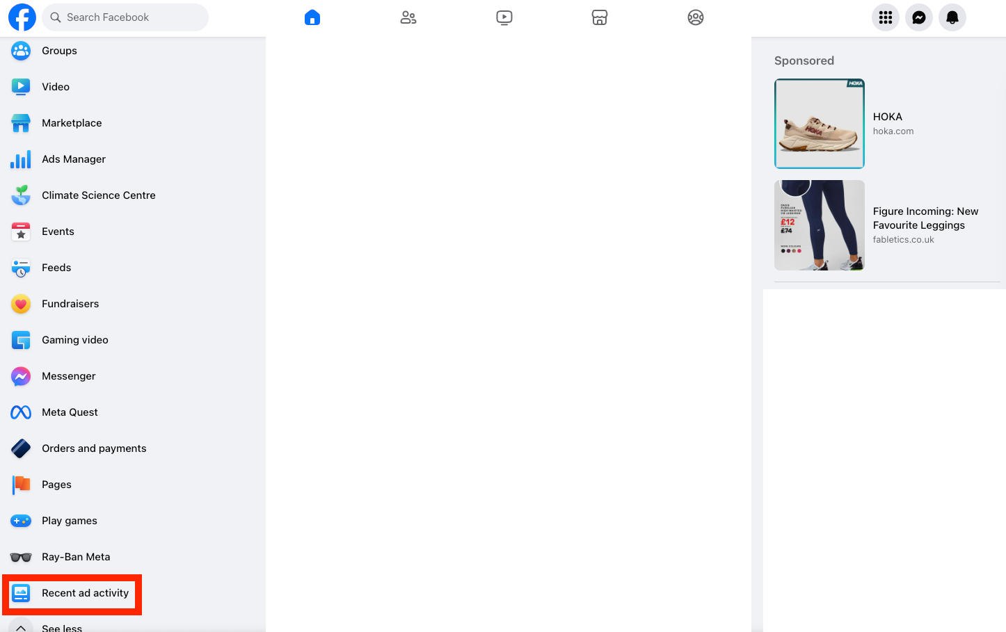 Recent Ad Activity selected on Facebook desktop