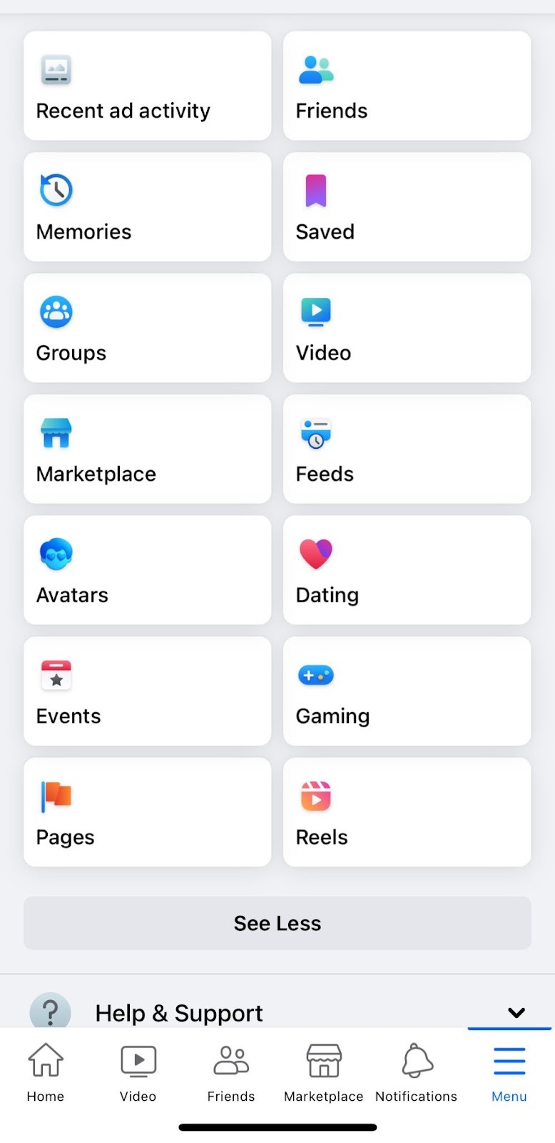 Facebook mobile menu used to reach Recent Ad Activity