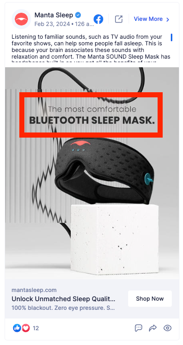 Historical Manta Sleep ad creative showing the Bluetooth sleep mask and comfort benefit