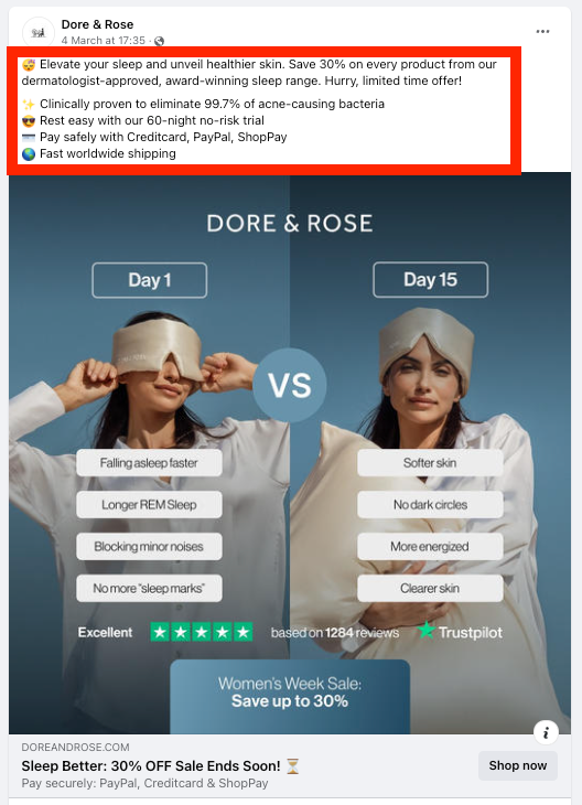 Historical Dore & Rose Facebook ad with sleep, skincare, award, and limited-offer copy