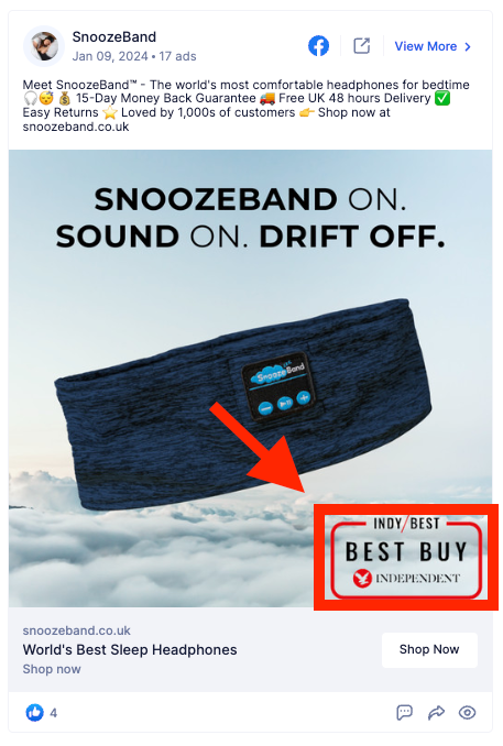 Historical SnoozeBand Facebook ad using an Independent Best Buy review badge