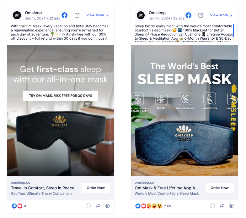 Historical OMSleep ad comparison showing four reactions on one ad and 2.6k on another