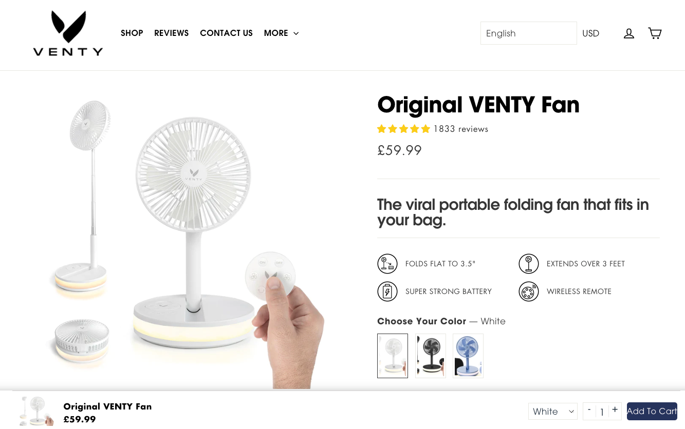 Venty Fan's portable folding fan product page