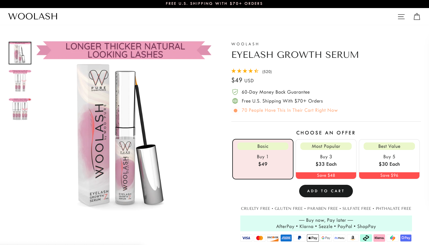 WooLash's eyelash serum product page