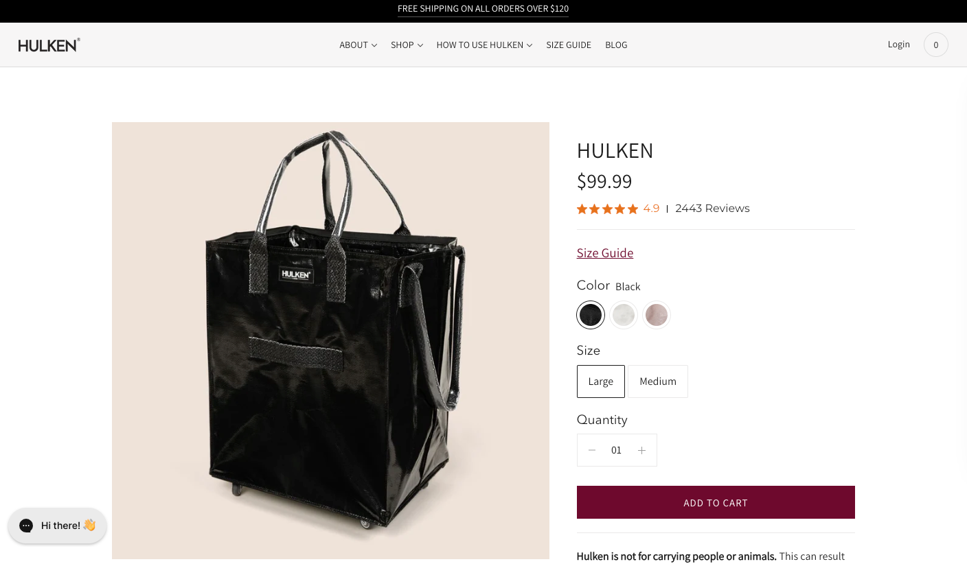 Hulken's rolling tote product page