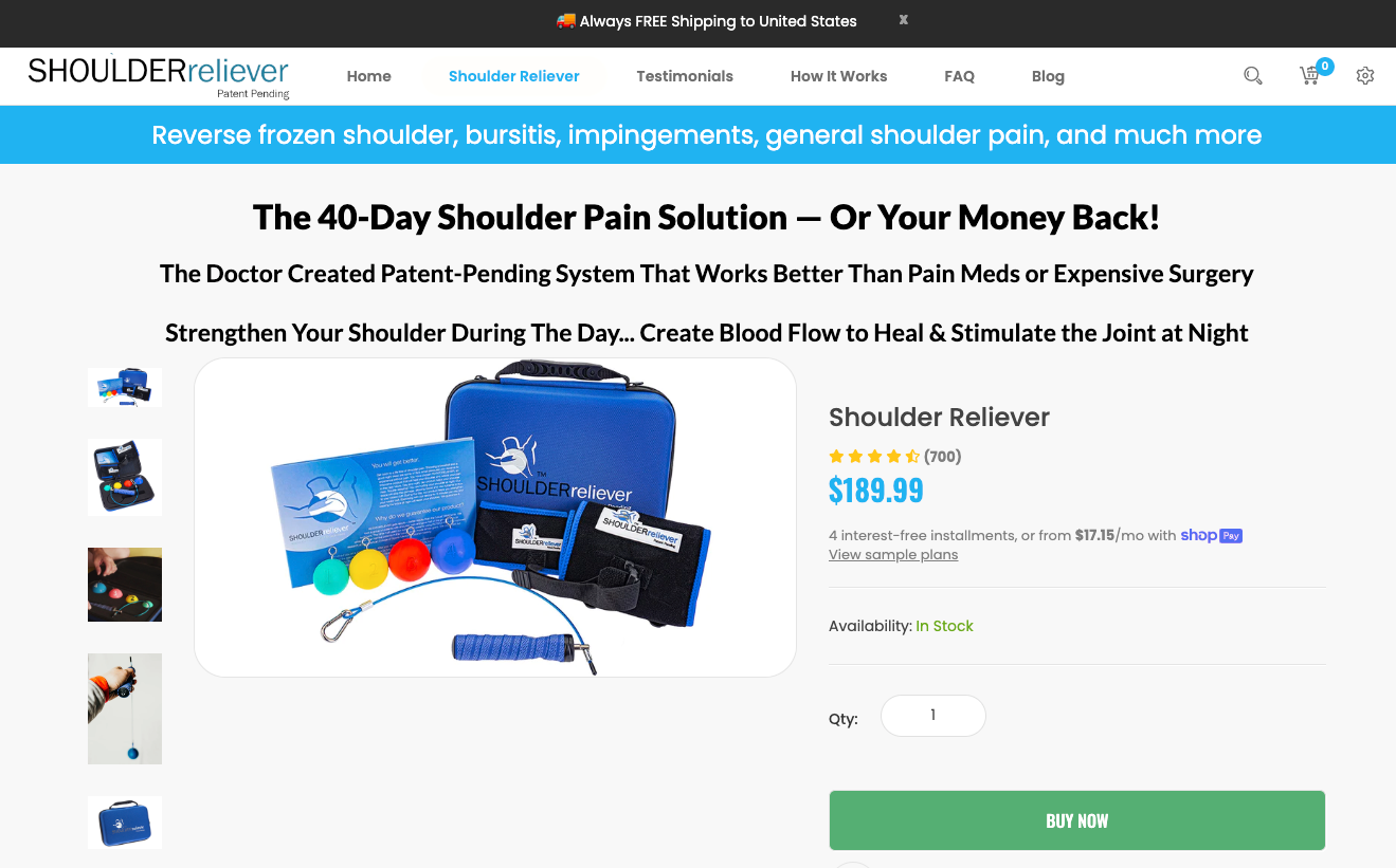 Shoulder Reliever's exercise device product page