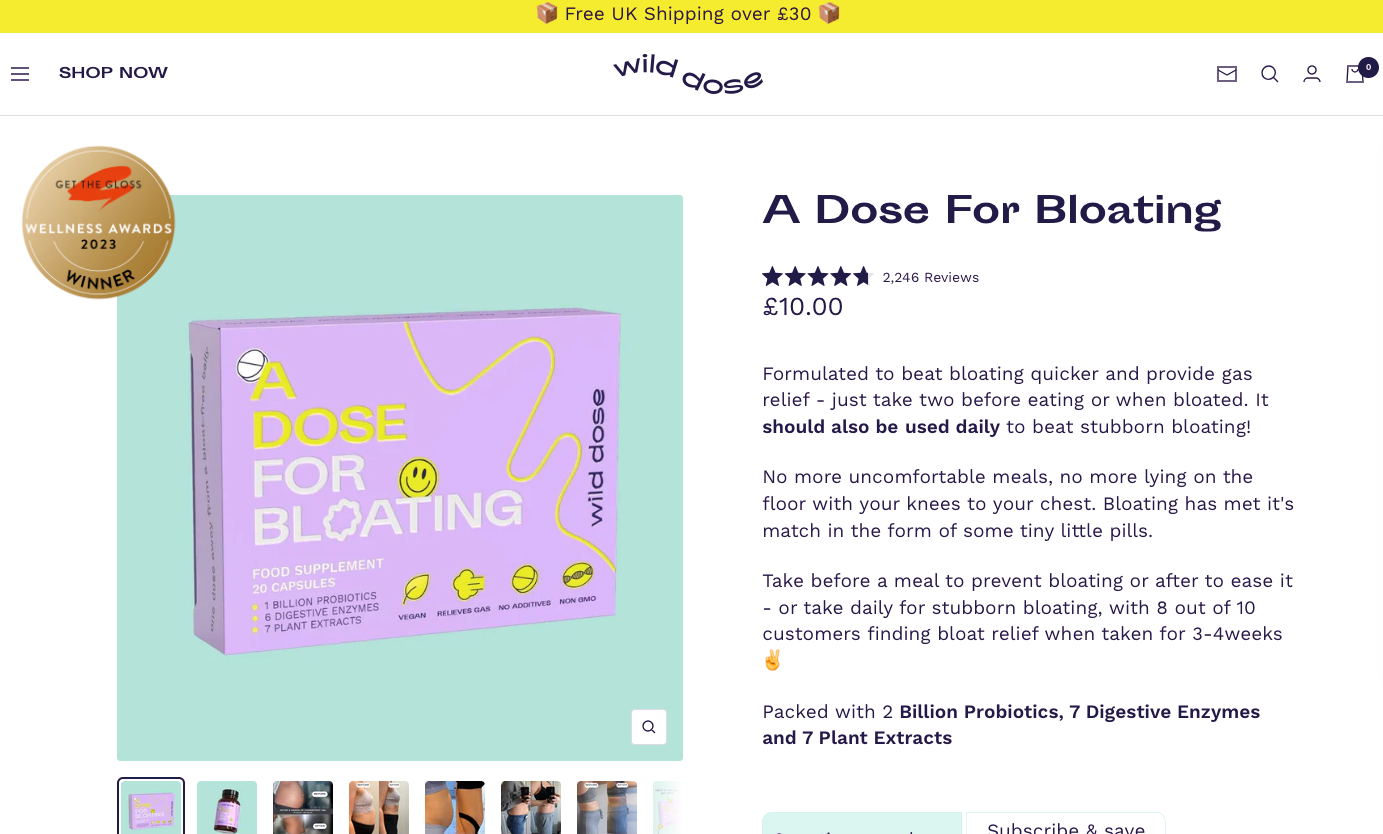 Wild Dose's bloating supplement product page