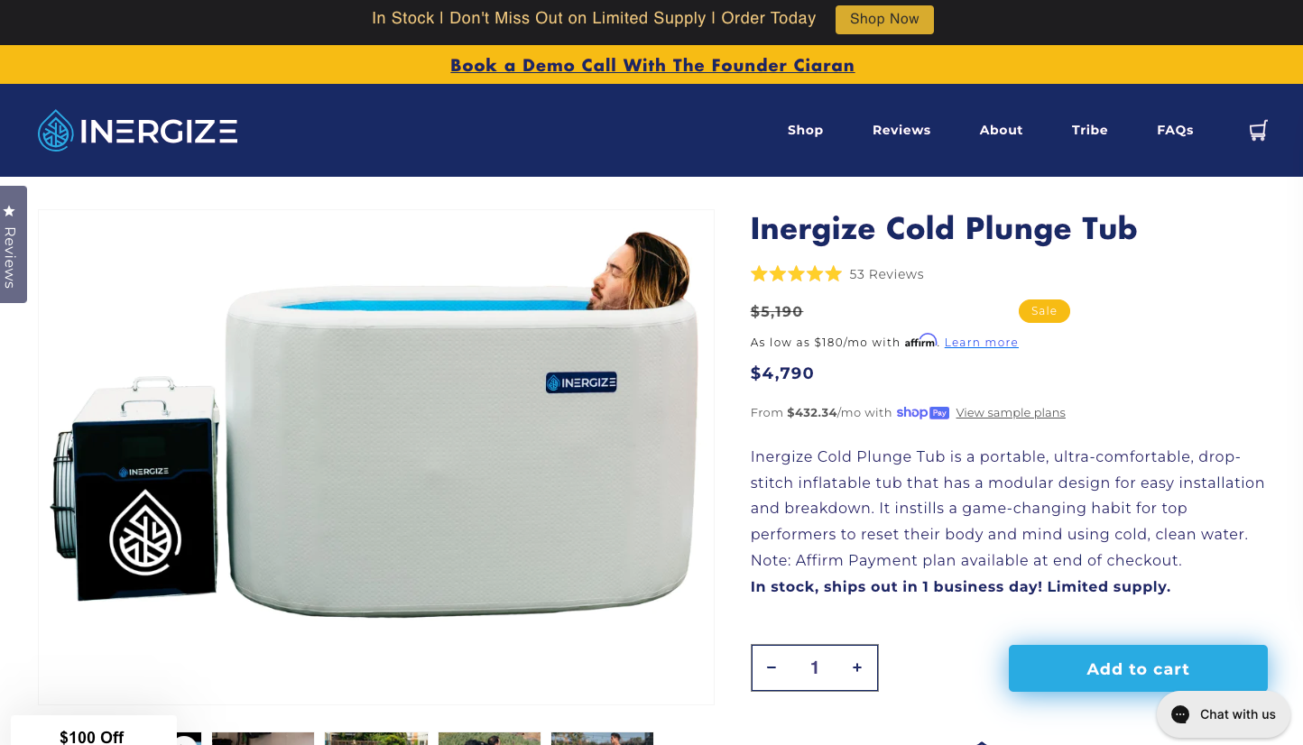 Inergize's portable cold plunge product page