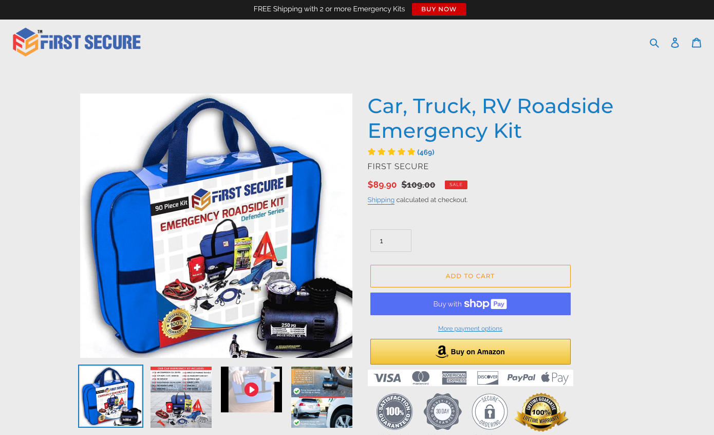 First Secure's roadside emergency kit product page