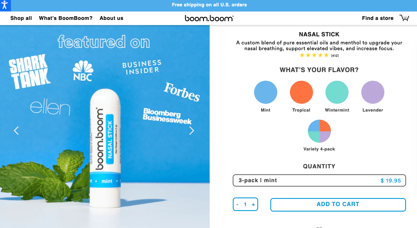Boom Boom's nasal stick product page