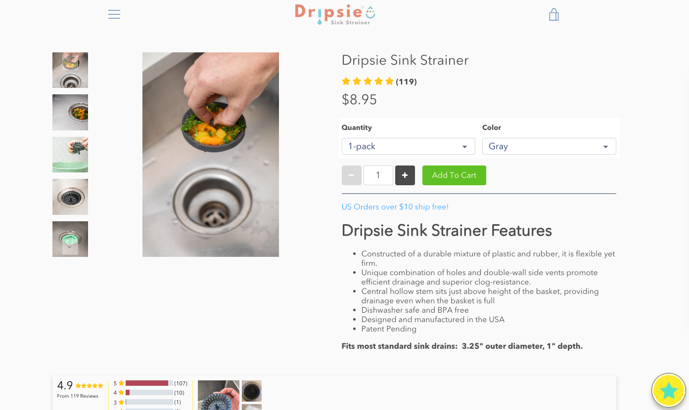 Dripsie's kitchen sink strainer product page