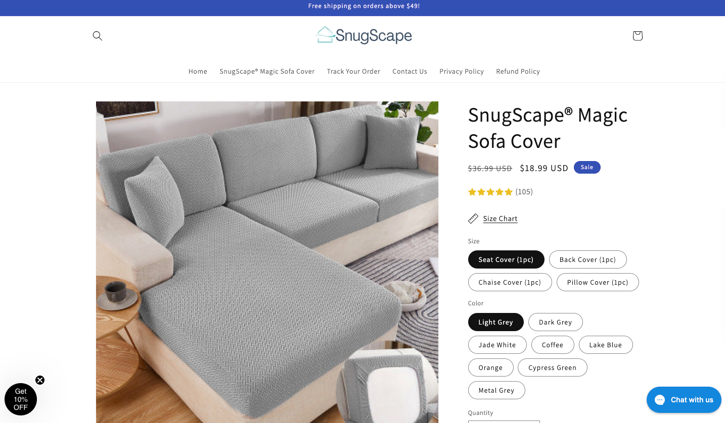 SnugScape's sofa cover product page