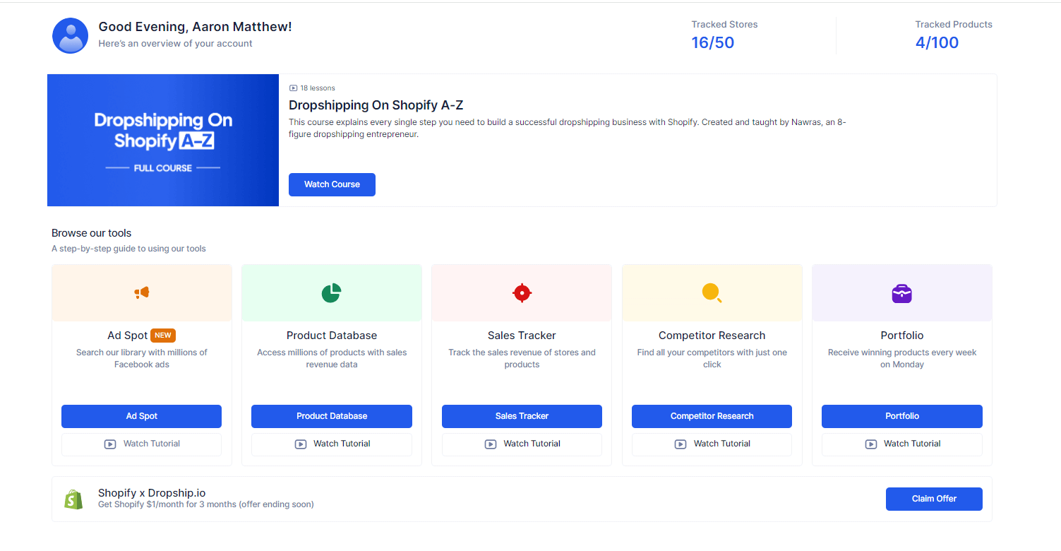 Dropship.io Ad Library interface showing ad search results