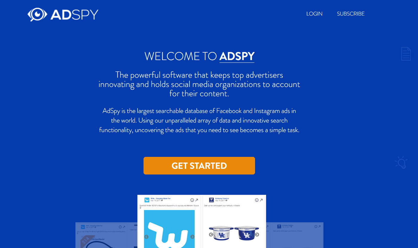 AdSpy interface showing Facebook and Instagram ad search results