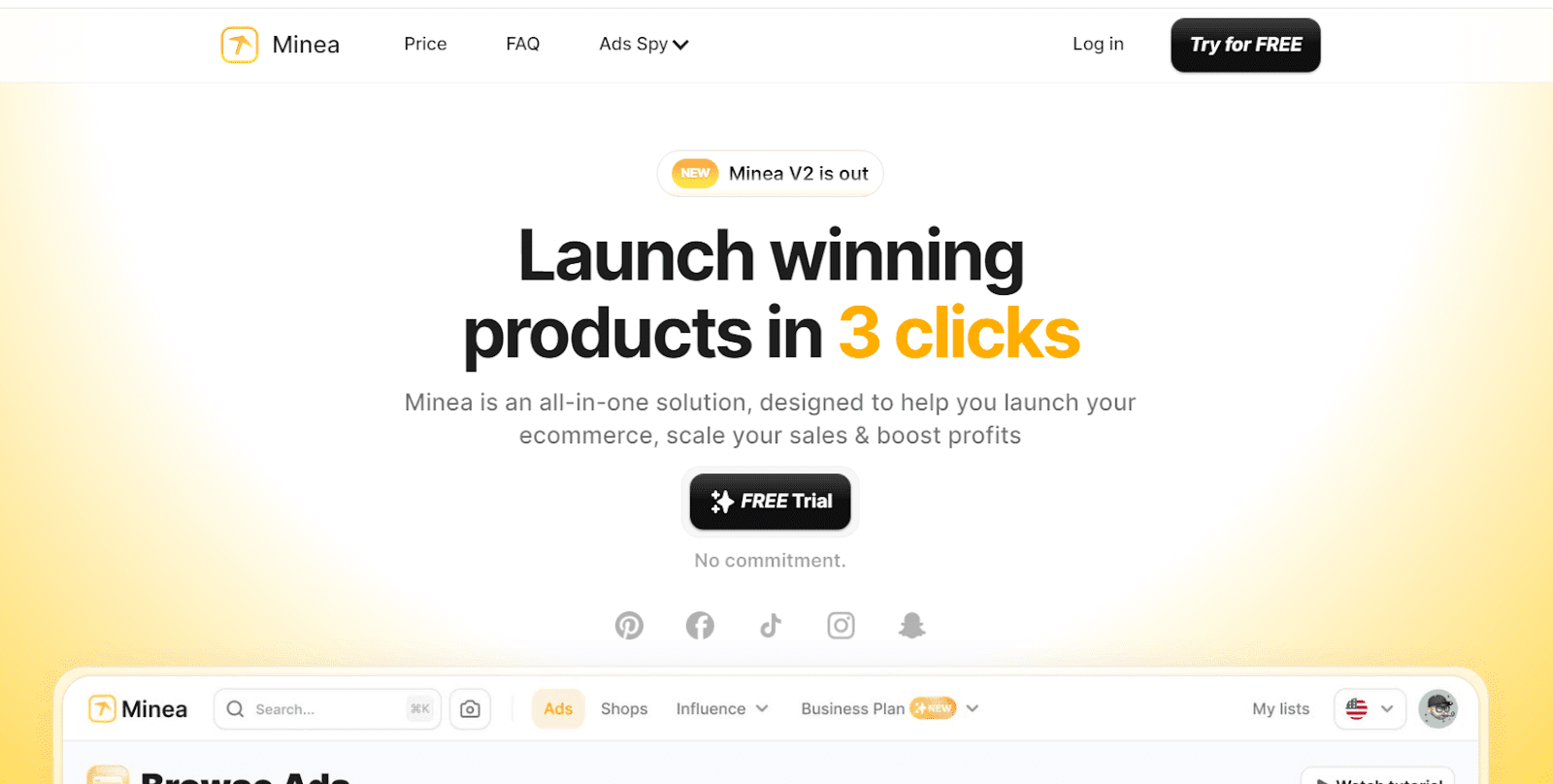 Minea interface showing ad search and influencer placement data