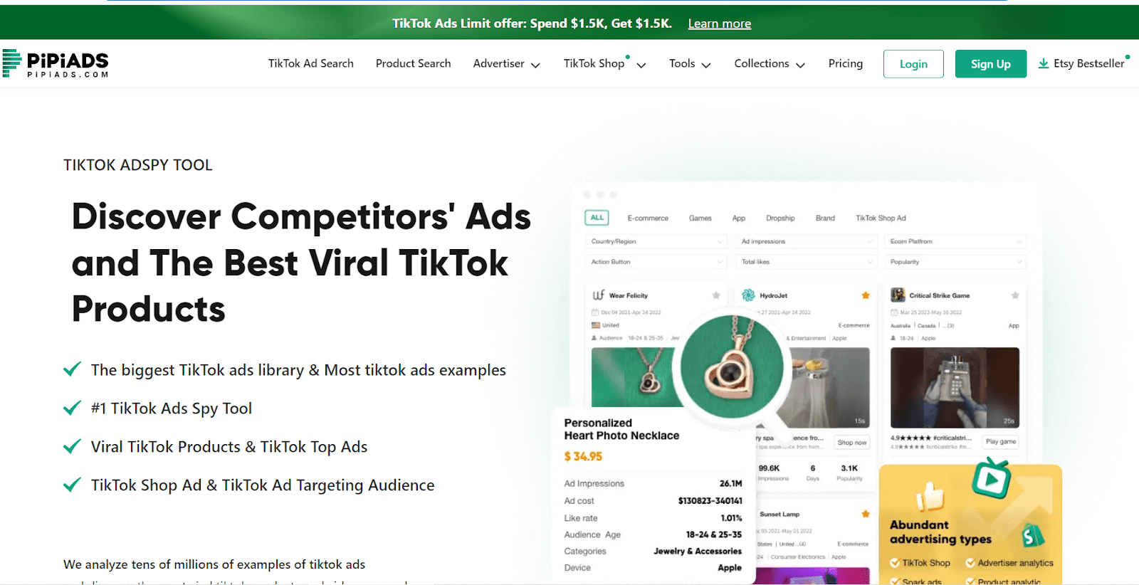 PiPiAds interface showing TikTok ad search results