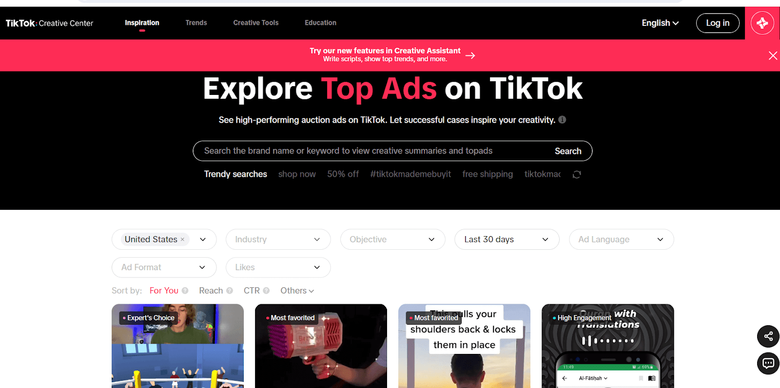 TikTok Ad Center interface showing TikTok ad search filters
