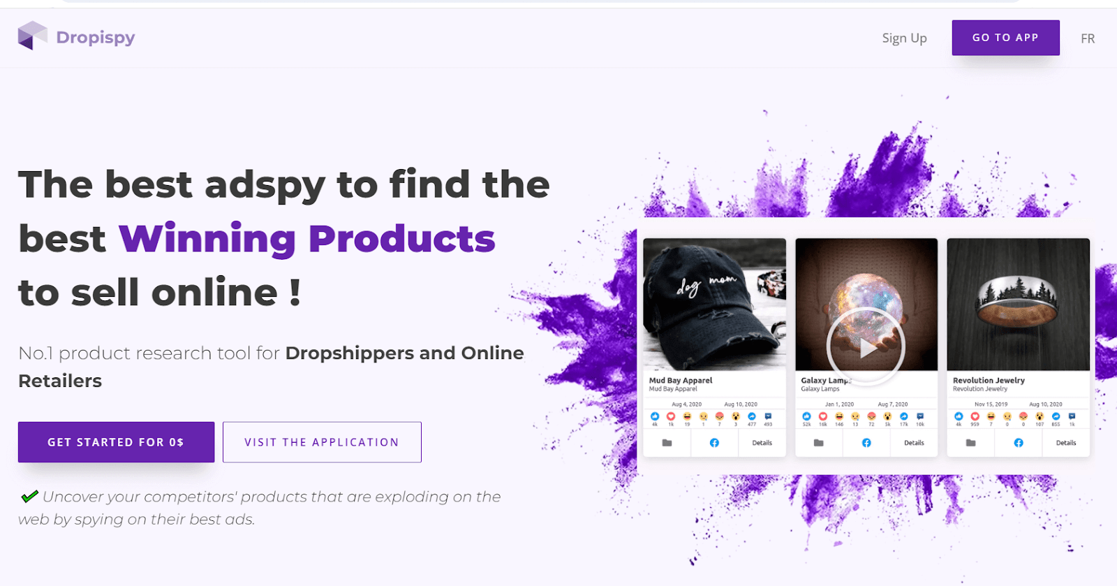 Dropispy interface showing a dropshipping ad database