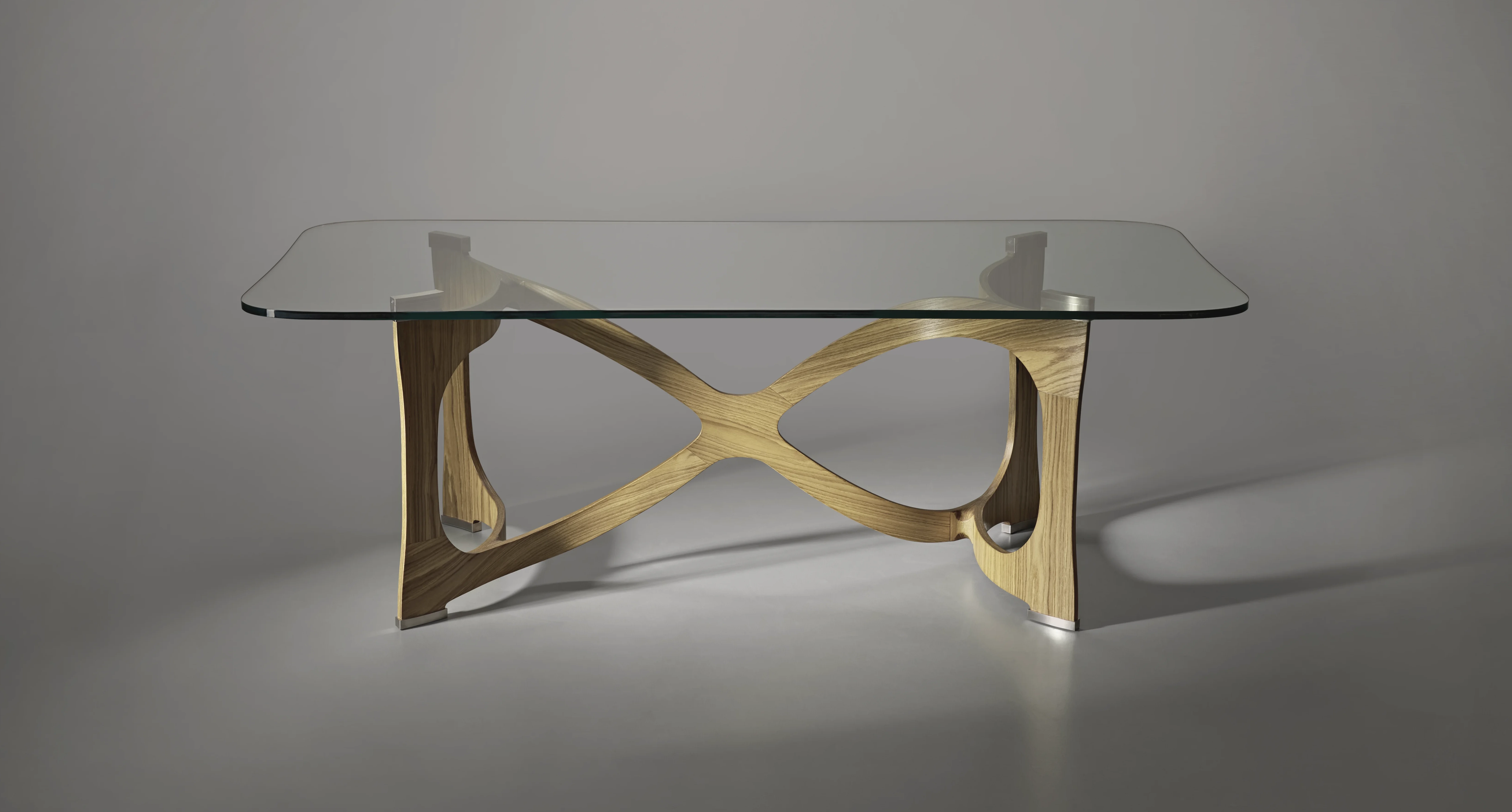 RAIONIK AR-82 dining table, brushed old oak base, floating glass top
