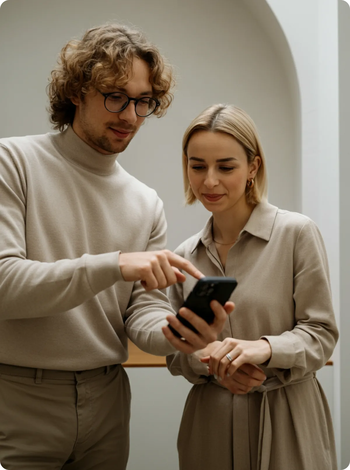A man and a woman looking at a cell phone.