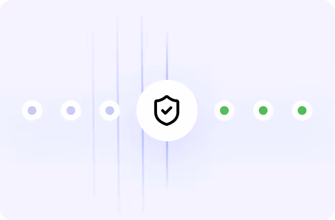 Progress bar with a shield icon and checkmark in the center circle, showing completed steps in green on the right and inactive steps in white on the left.