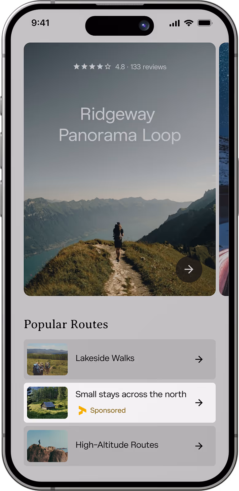 Smartphone screen showing hiking route app with Ridgeway Panorama Loop rated 4.8 stars, and popular routes including Lakeside Walks, Small stays across the north (sponsored), and High-Altitude Routes.