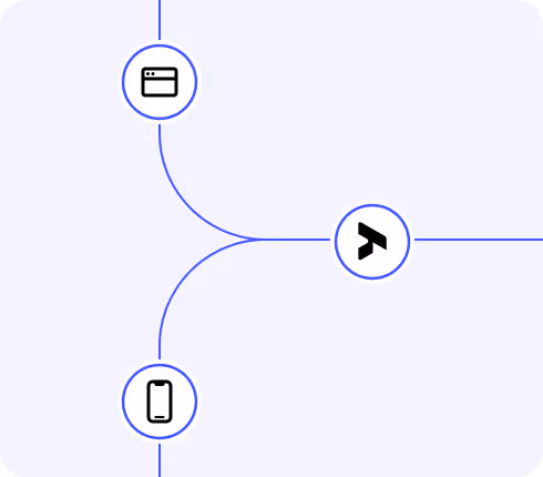 Central icon connected by lines to a web browser icon above and a smartphone icon below on a light background.