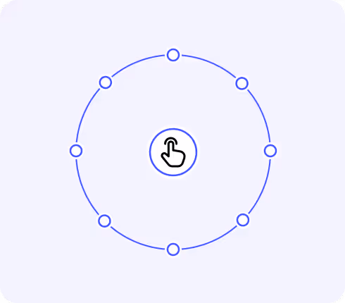 Cursor hand icon surrounded by a circle with eight small nodes evenly spaced around it, representing interaction or selection.