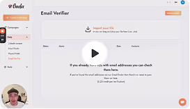 Screenshot of an email verifier tool interface with a sidebar menu and a video tutorial thumbnail showing a person’s face.