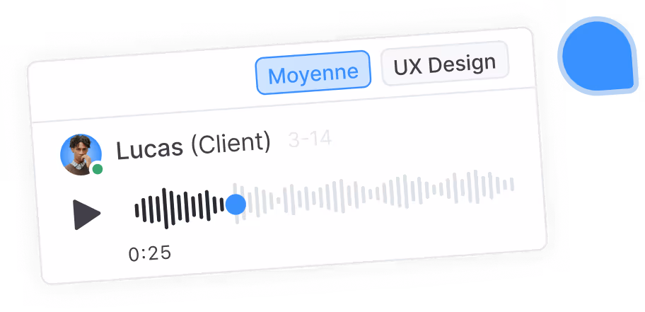 Audio message interface showing a voice wave, play button, and a profile picture labeled Lucas (Client) with tags Moyenne and UX Design.