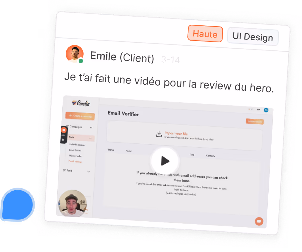 Screenshot of a French message from Emile (Client) saying he made a video for the hero review, with a video player interface showing an Email Verifier tool and user video thumbnail.