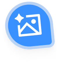 Blue rounded speech bubble icon with white image and sparkle symbol inside.