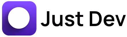 Logo Just Dev avec un carré violet contenant un cercle blanc à gauche du texte.