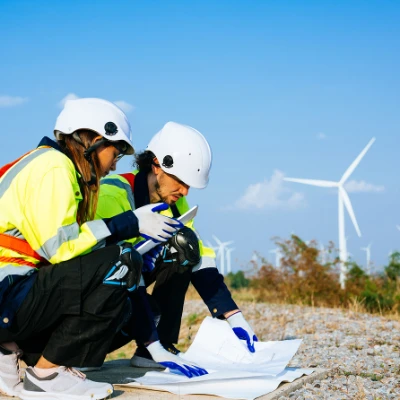 Two People Crouched At Wind Farm Site In High Vis and Hard Hats Preparing An Environmental Impact Assessment