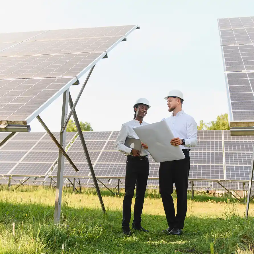 Two Men Wearing Hard Hats At Solar Farm Site Viewing Planning Documents