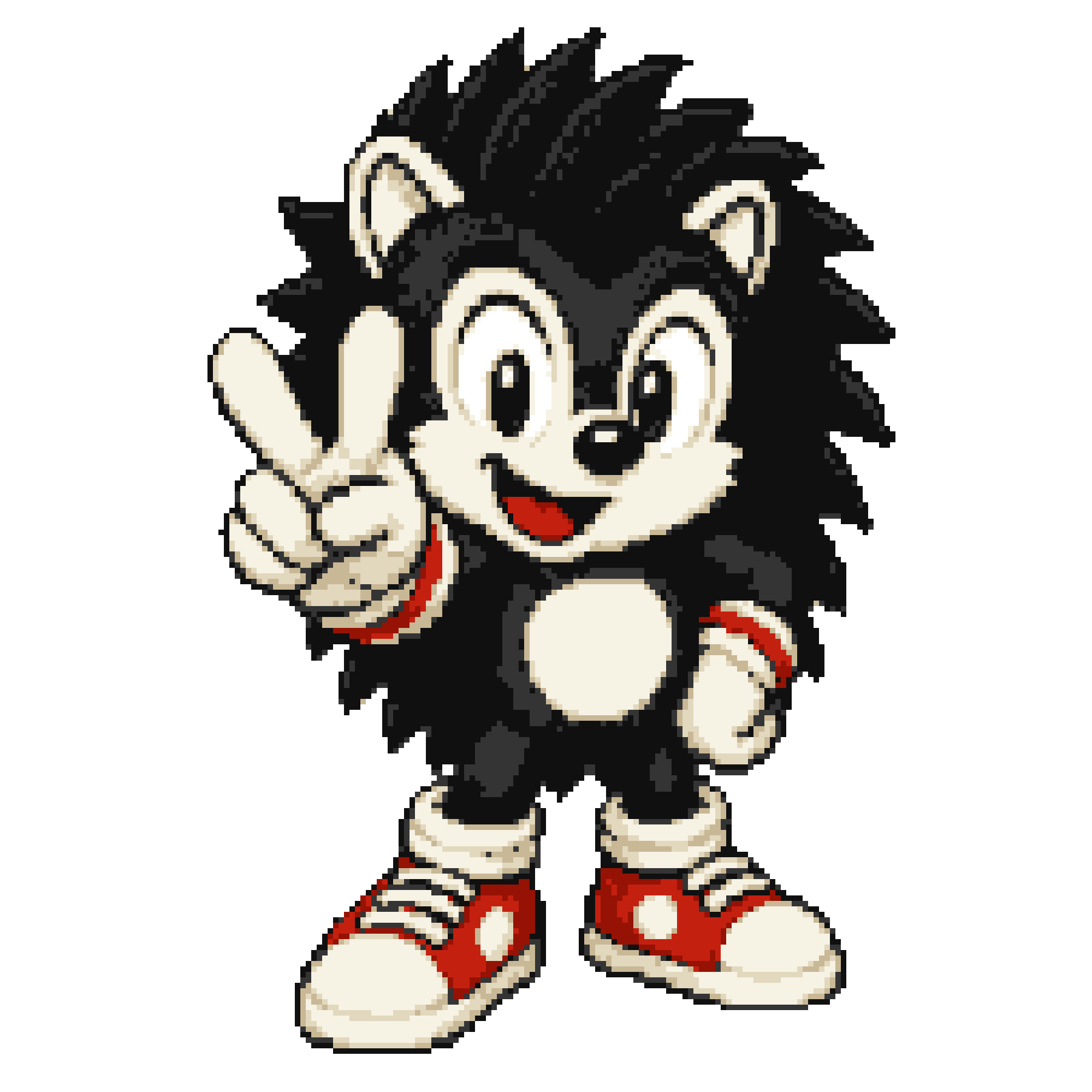 Pixel art black hedgehog with white belly and red sneakers showing a peace sign.