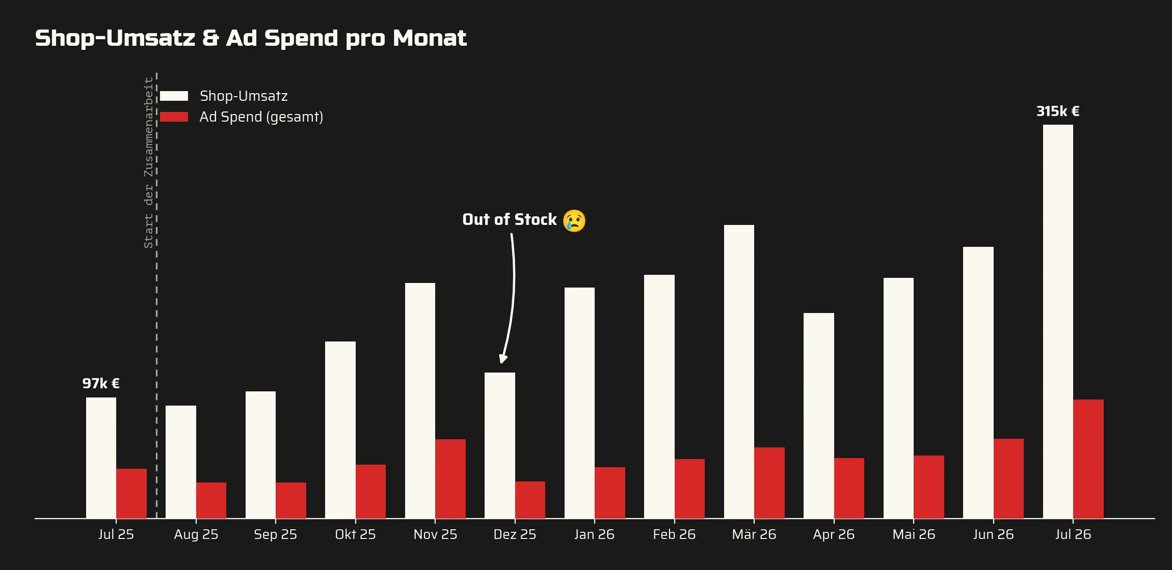 Balkendiagramm: Shop-Umsatz und Ad Spend pro Monat von Juli 2025 bis Juli 2026. Der Shop-Umsatz steigt von 97k € auf 315k €, der Ad Spend wächst deutlich langsamer mit. Im Dezember 2025 bricht der Umsatz wegen Out-of-Stock kurz ein.